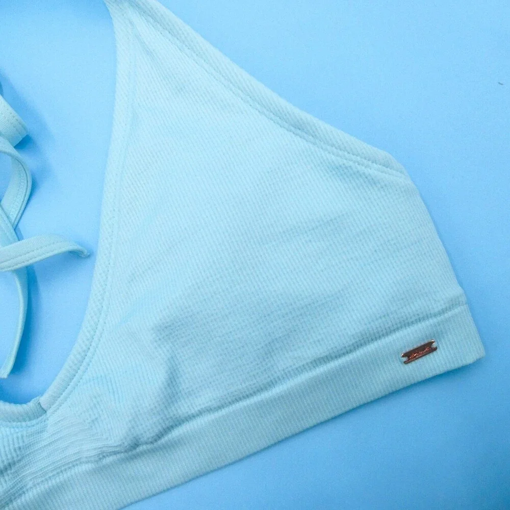 Victorias Secret XL Blue Ribbed Triangle Bikini‎ Top Padded Plunge Swimwear VS